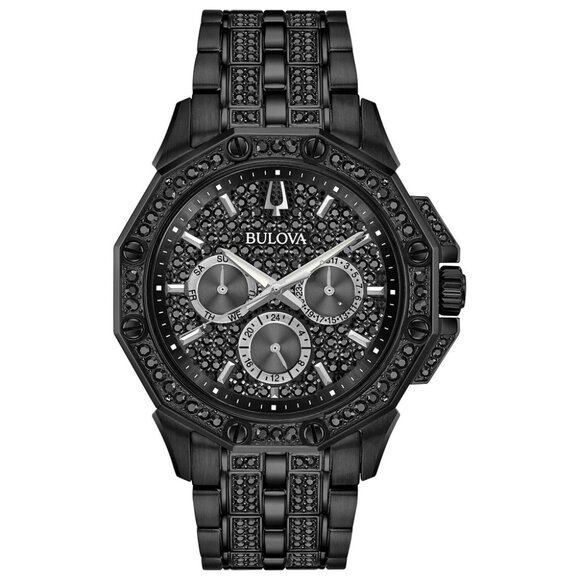 Bulova Men's Crystal Day / Date Quartz Black Stainless Steel Watch 42 MM 98C134 - Picture 1 of 4